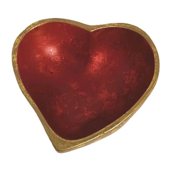 Wood Heart Shaped Bowl Red With Gold Leaf Jewelry Trinket Dish 6" x 6" x 2.5" - Picture 14 of 14
